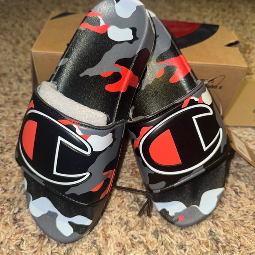 NEW Champion Youth Slide Sandals - Black, Red, and Gray Camo